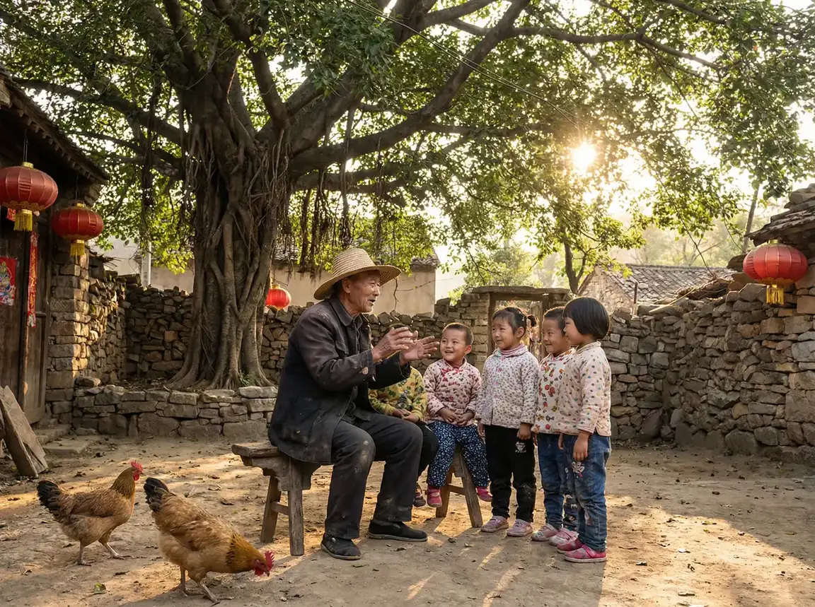 老人在大榕树下给孩子们讲故事 - 战地情天 乡村记忆